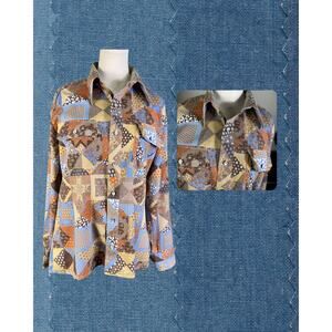 Vintage 70s Golden Vee Down Home Denim Patchwork Button Up Shirt L 16-16 1/2